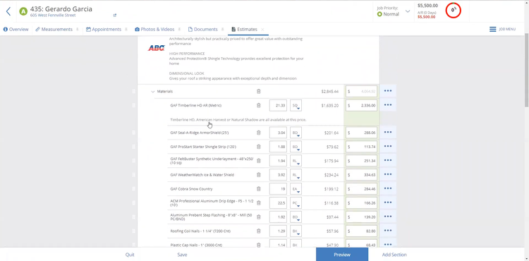 Screenshot of AccuLynx Estimate Creator