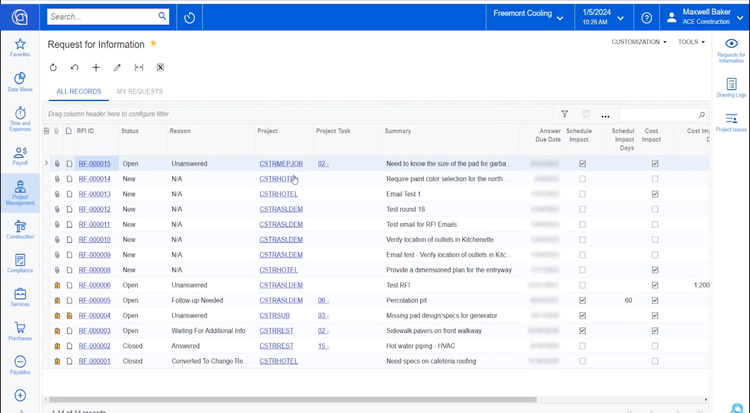 Acumatica RFI Screen