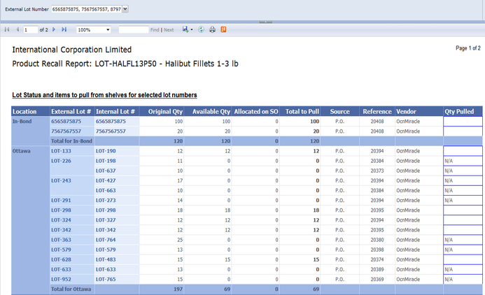 Screenshot of a recall report in Blue Link Elite