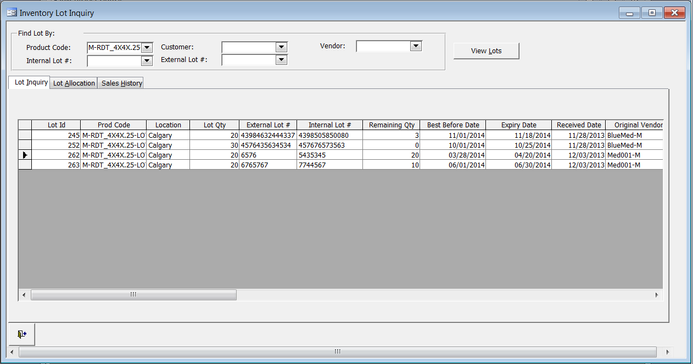Screenshot detailing lot queries in Blue Link Elite