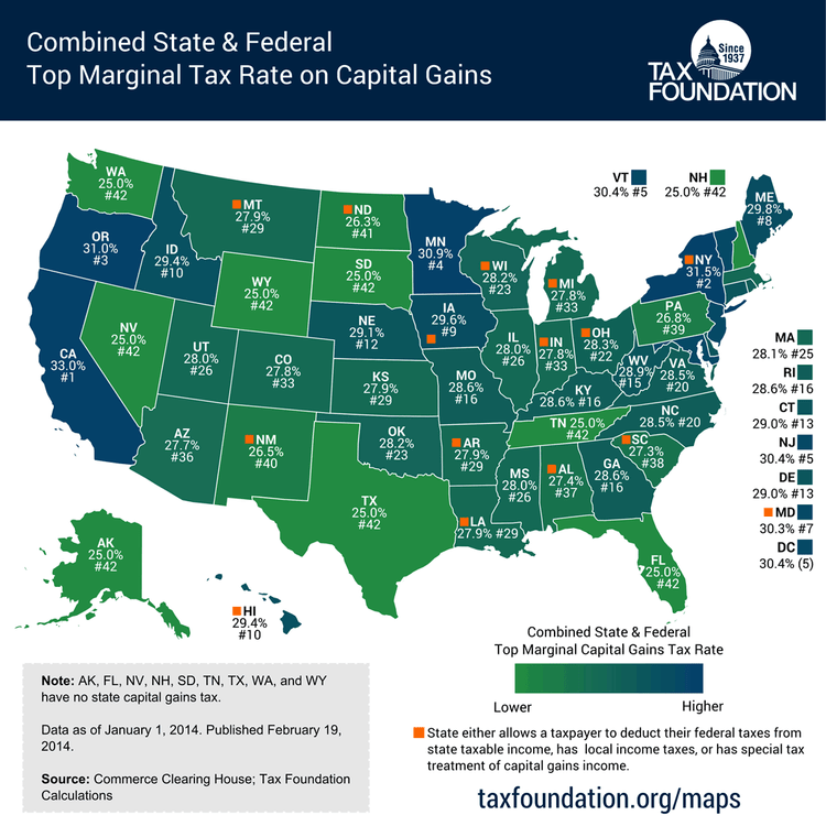 Map of USA detail top marginal tax rate on capital gains by state