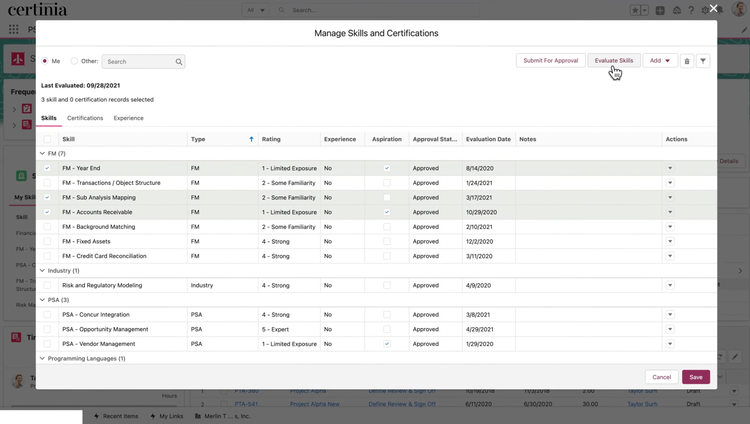 Certinia ERP Skills Management