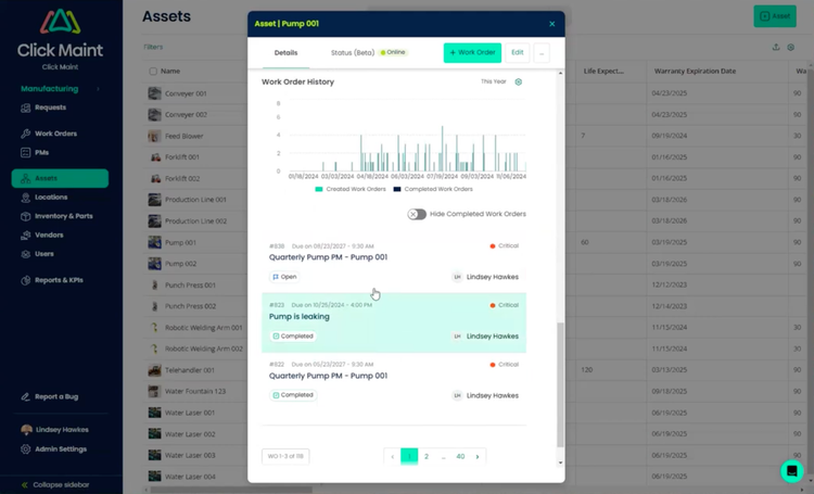 Click Maint Asset Maintenance History