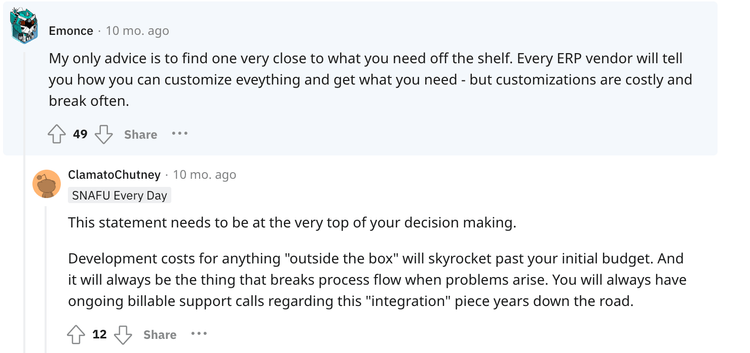 ERP Customization vs Configuration Reddit Comments