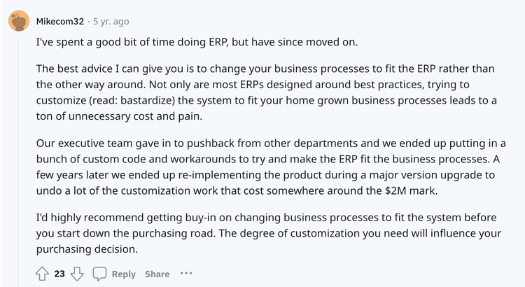 ERP Customization vs Configuration Reddit Comments