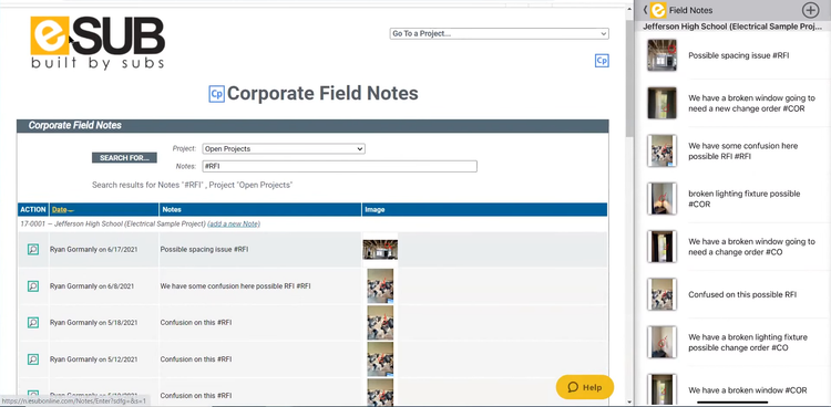 Screenshot of eSubs field note dashboard