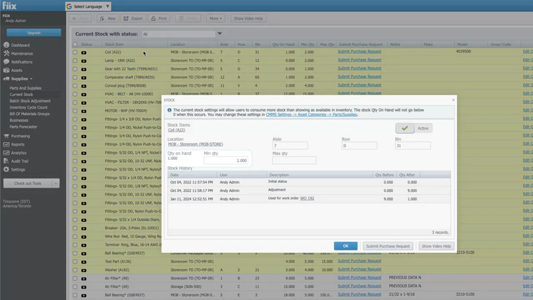 Fiix Inventory Minimum Stock Counts