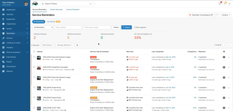 Fleetio Vehicle Service Reminders