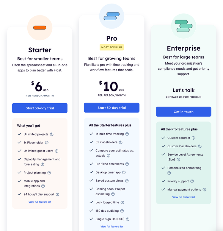 Float Pricing Plans