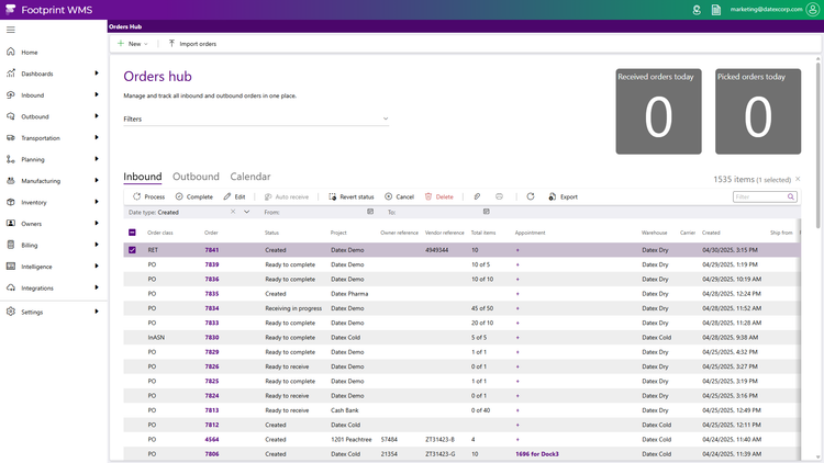 Footprint WMS Order Dashboard