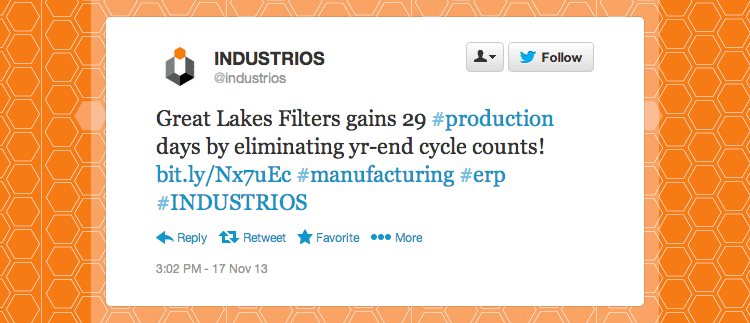 Industrios tweeted "Great Lakes Filters gains 29 production days by eliminating year-end cycle counts!"