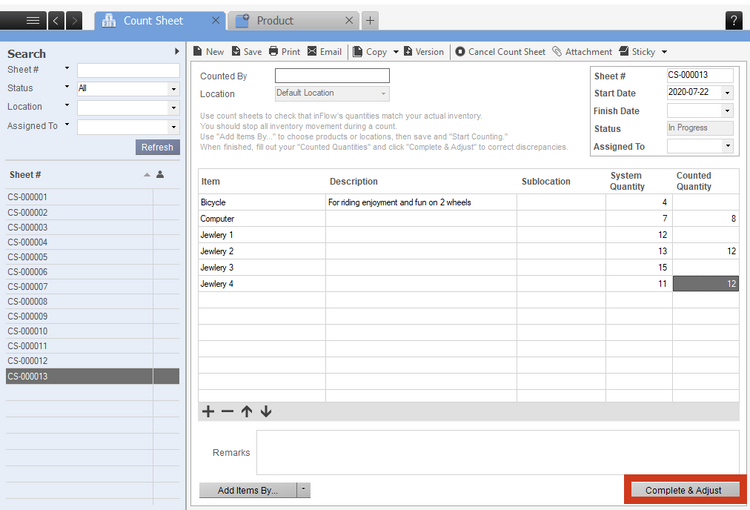 inFlow Inventory Count Sheet