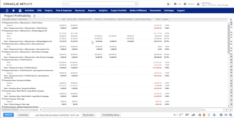 NetSuite ERP Project Profitability