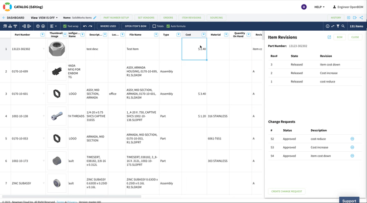 OpenBOM Item Revision History And Change Requests