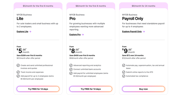 MYOB Business Pricing Plans