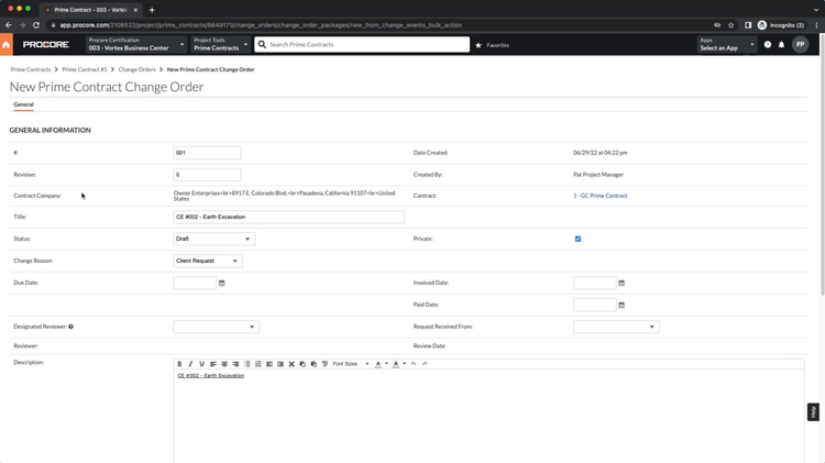 Procore Construction Change Order