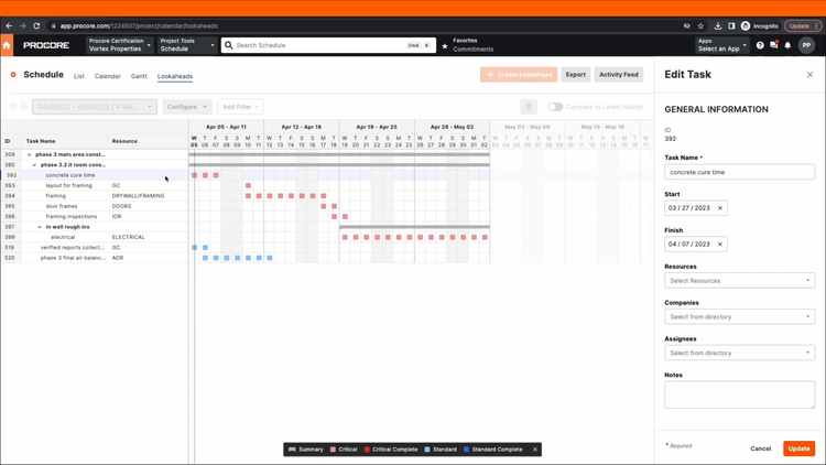 Procore Construction Softwaer - Look Ahead Scheduling