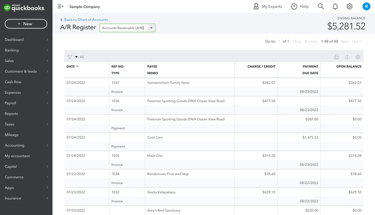 Quickbooks Accounts Receivable Register