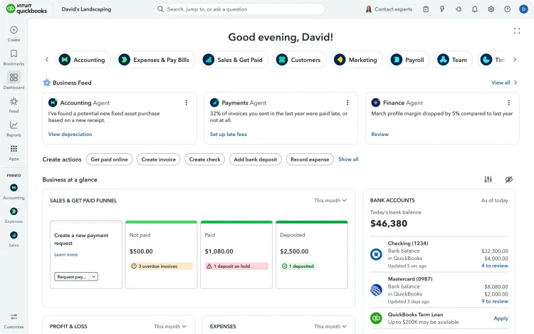 Screenshot of QuickBooks Online Dashboard
