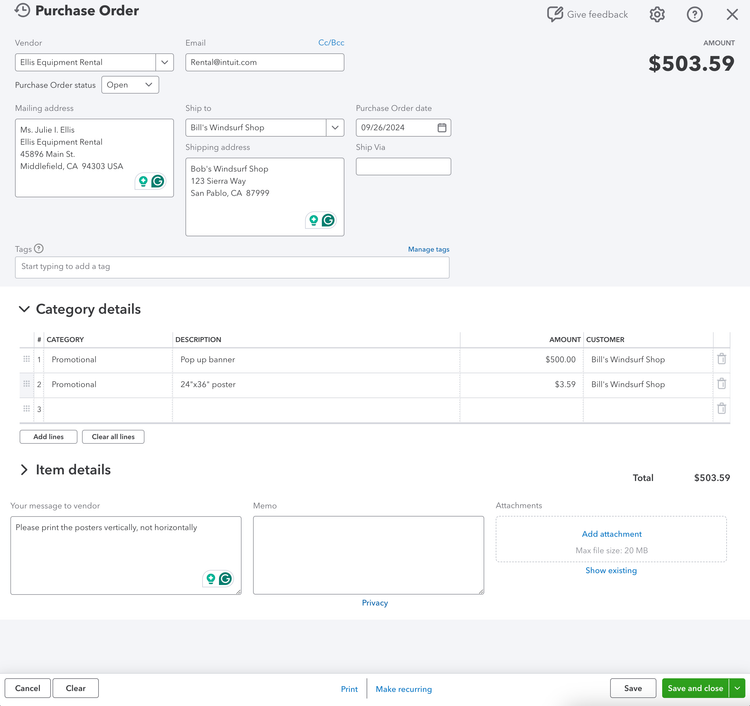 Purchase order in QuickBooks Online