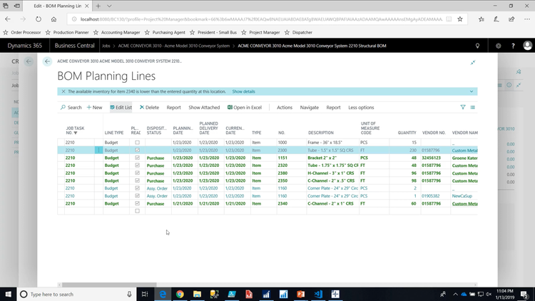 Sabre ETO BOM Planning Lines
