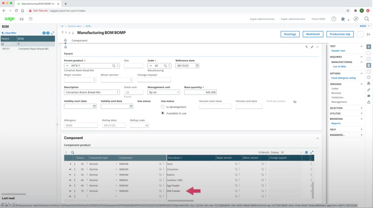 Sage Manufacturing BOM