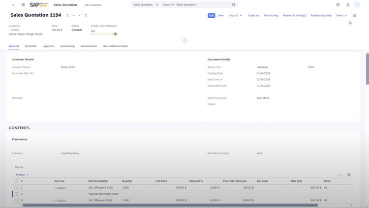 Sales Quotation in SAP Business One