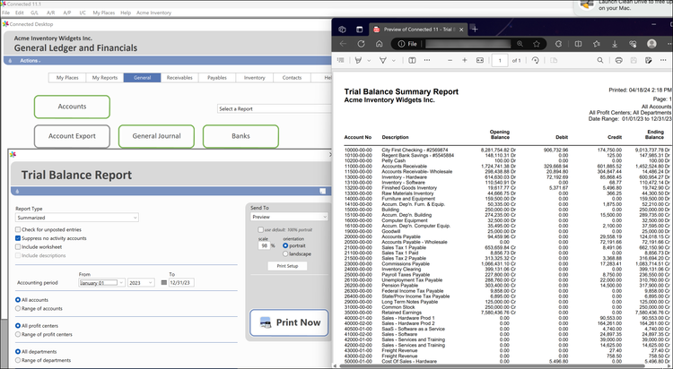 Connected Accounting and ERP General Ledger and Trial Balance