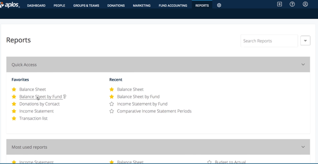 Aplos Fund Accounting: Reports Page