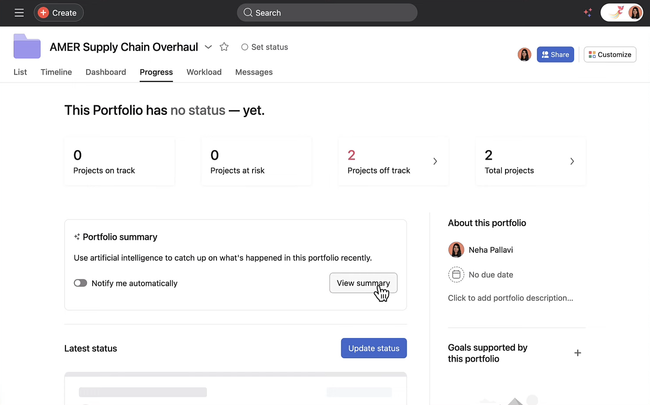 Asana: Portfolio Progress Page