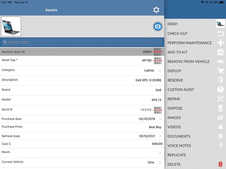 Asset Panda Asset Details Tablet View