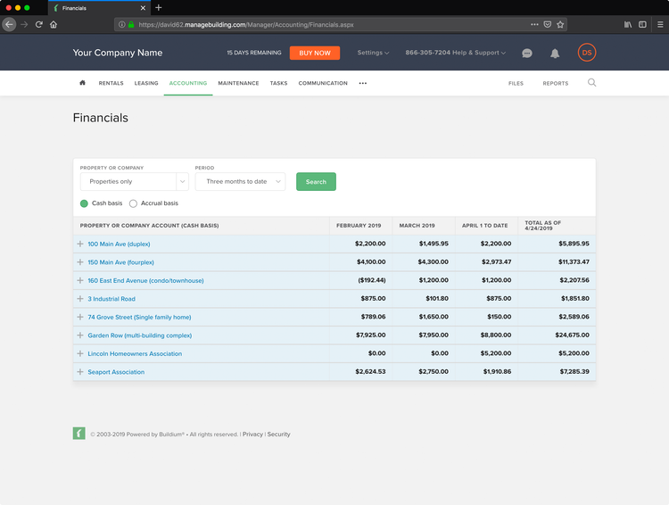 Buildium Financials by Property Lease