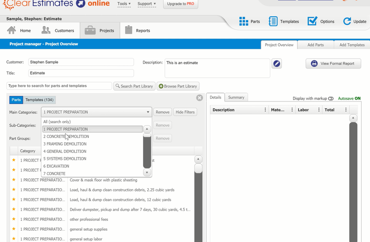 Clear Estimates Parts Library