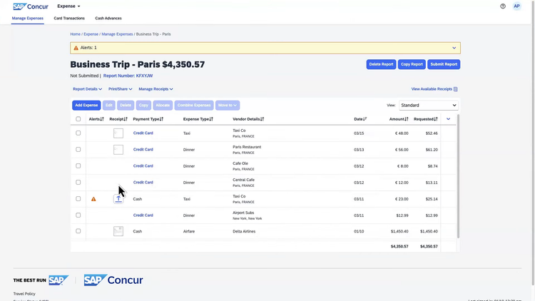 SAP Concur Business Trip Expense Report