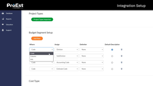 ProEst: Budget Segment Setup page