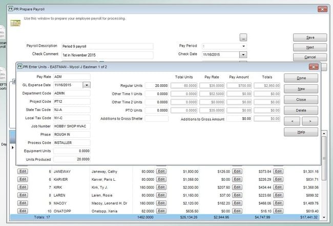 Denali Payroll: Units Screen