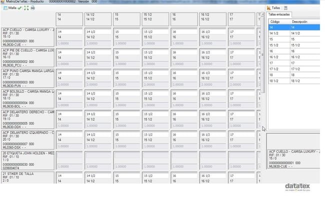 Datatex NOW ERP: Management of Sizes