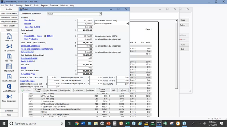 Electrical Bid Manager Total Cost Breakdown