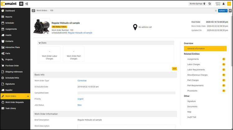 eMaint CMMS work order software showing asset details