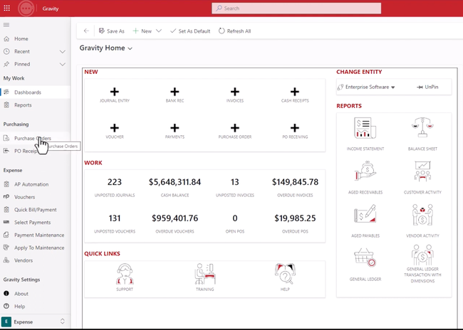 Gravity Software: Home Dashboard