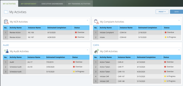 Intellect QMS: Dashboard