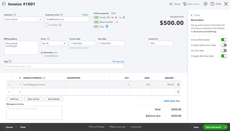 QuickBooks Online Invoice Creation