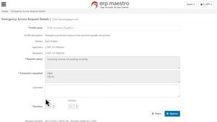 Maestro ERP: Emergency Access Request Details