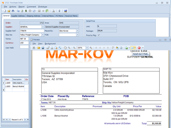 Mar-Kov Chemical Management System: Purchase Order