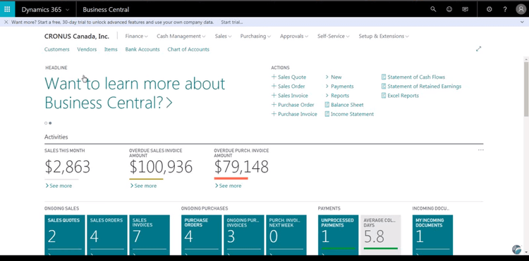 Microsoft Dynamics 365 Business Central Dashboard