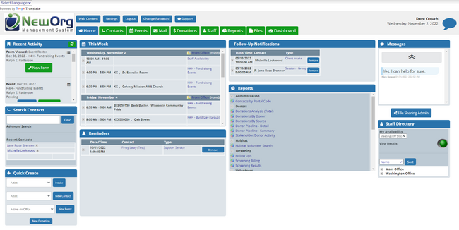 NewOrg Management System: Recent Activity and Reminders