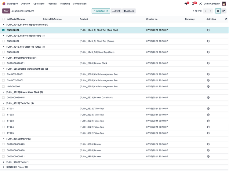 Odoo Lot and Serial Numbers