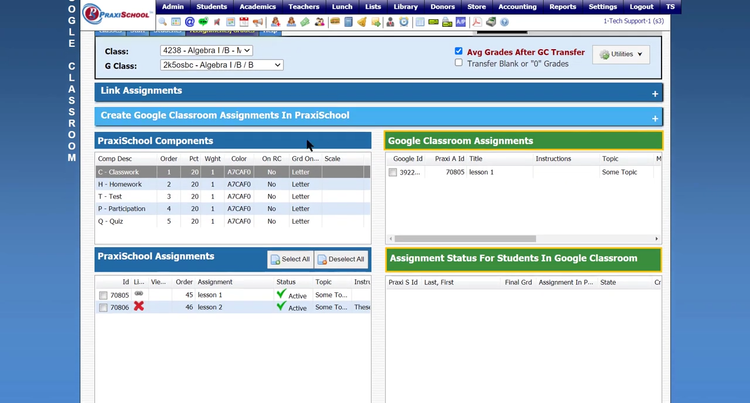 PraxiSchool Linking Assignments Page