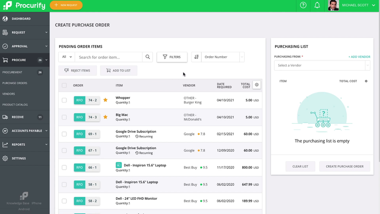 Procurify Purchase Order Creation