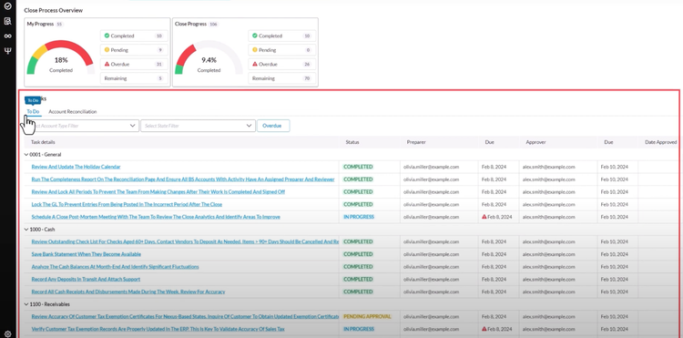 Progress Meters for Account Reconciliation in Prophix One